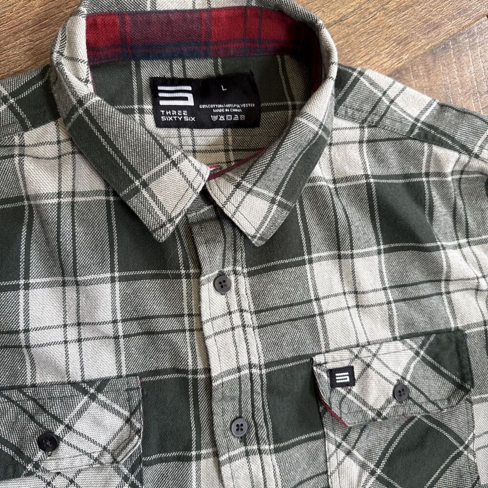 Three Sixty Six Flannel Men’s Sz L Button Up Plaid Long Sleeve Outdoors Hiking - Picture 2 of 5
